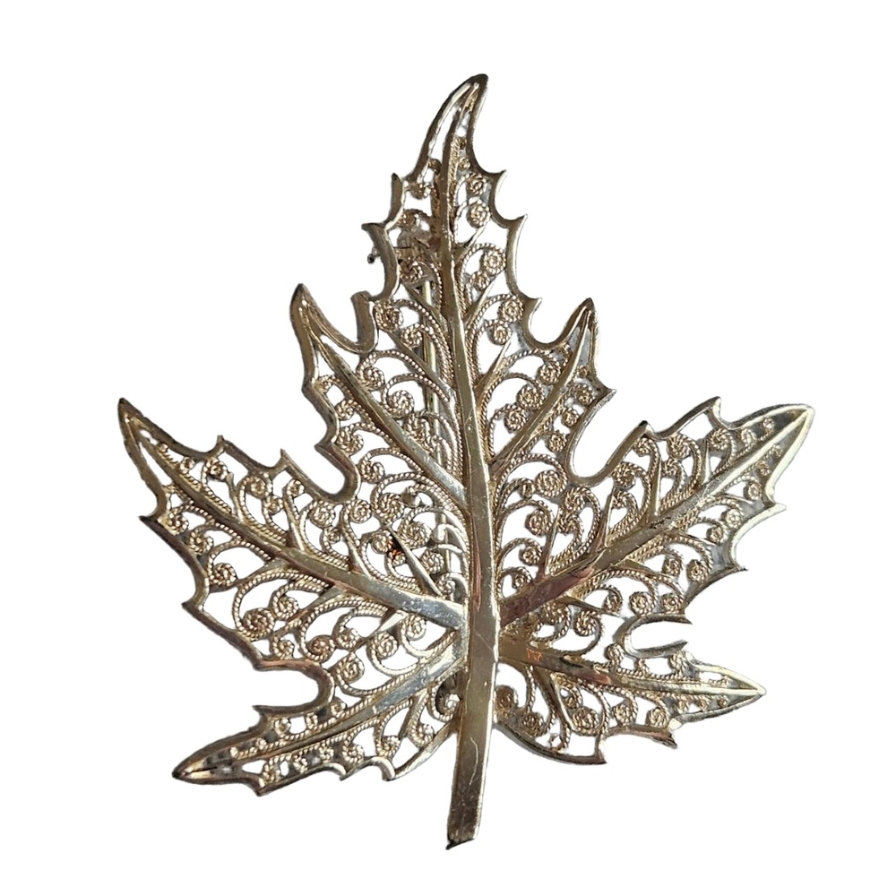 Maple Leaf Brooch Sterling Silver Filigree Pin Back Germany Vintage - Picture 2 of 6